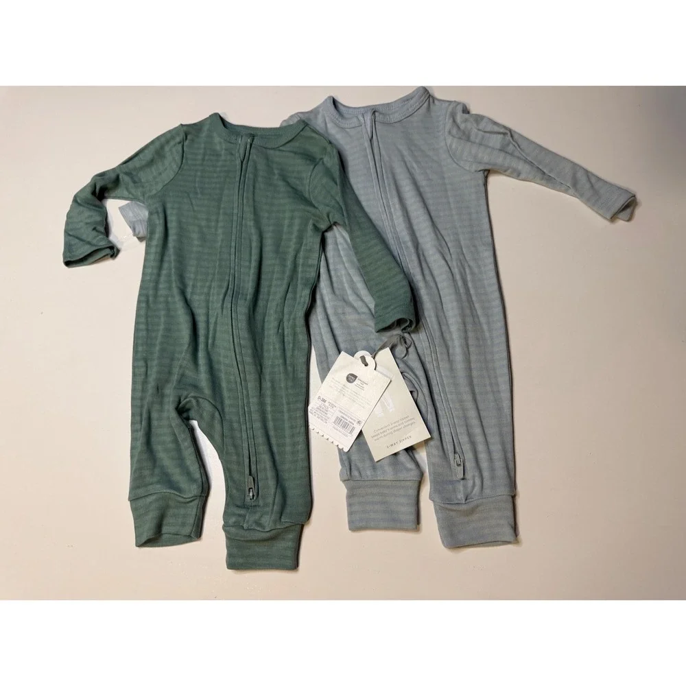 Cloud Island 2 Pack Baby Sleepers 0-3M Green Blue Ribbed 2-Way Zip Pajama